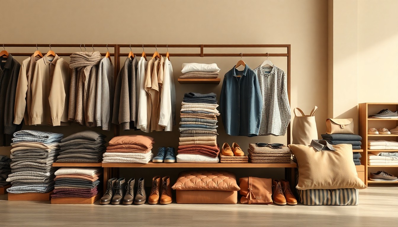 A clean, minimalist studio photograph featuring a carefully arranged display of folded clothing, shoes, and home goods in muted earth tones, conveying the variety of affordable brand-name merchandise available at the new Burlington store.
