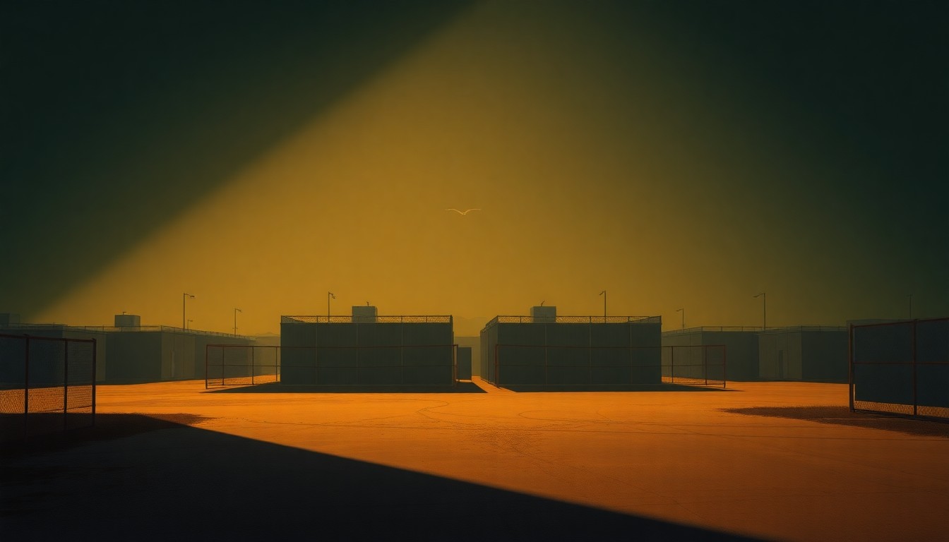 A serene, photorealistic painting of a nondescript immigration detention center, its facade and windows casting long shadows across the ground in the warm light of late afternoon. The building stands alone, devoid of people or activity, conveying a sense of isolation and foreboding.