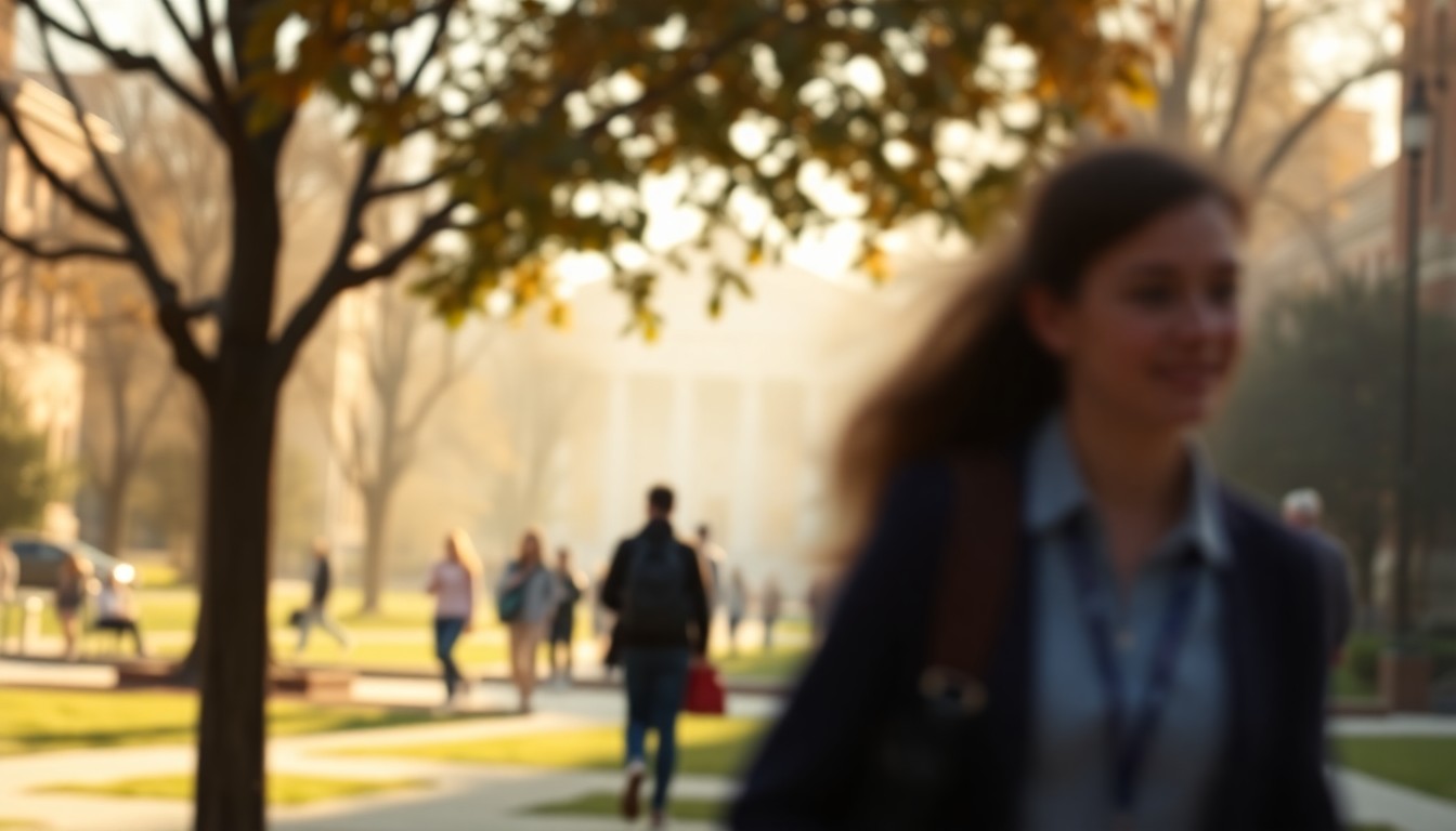 A blurred, atmospheric scene of a college campus, with indistinct figures moving through pools of warm, soft light, conceptually representing the resolution of a labor dispute and the preservation of normal campus life.