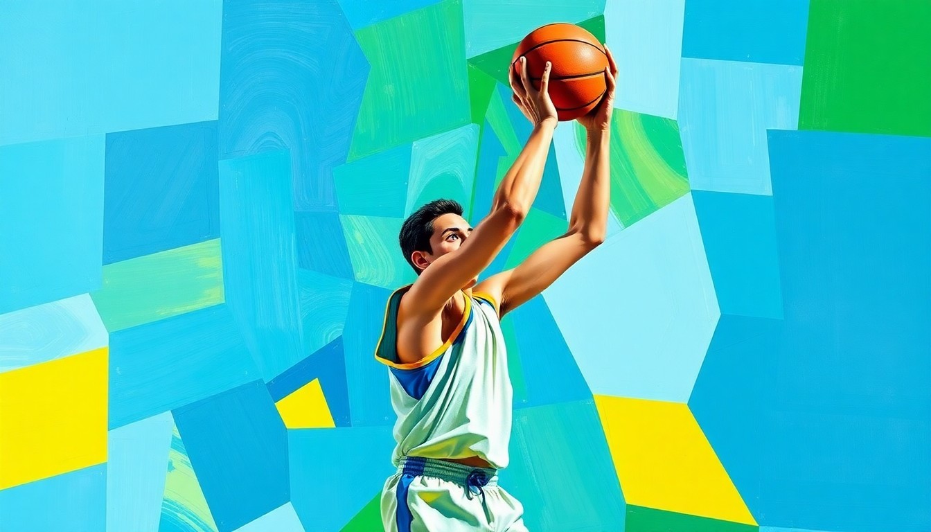 A fragmented, geometric painting depicting the motion of a basketball player's shooting form, with sharp planes of color representing the dynamic movements of the sport.