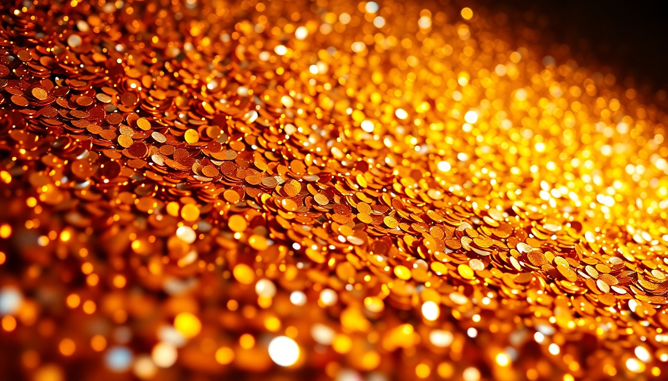 An extreme close-up of shimmering gold and silver sequins, captured in dramatic, high-contrast studio lighting to create a glamorous, high-fashion aesthetic that conceptually represents the celebratory energy of a musical performance.