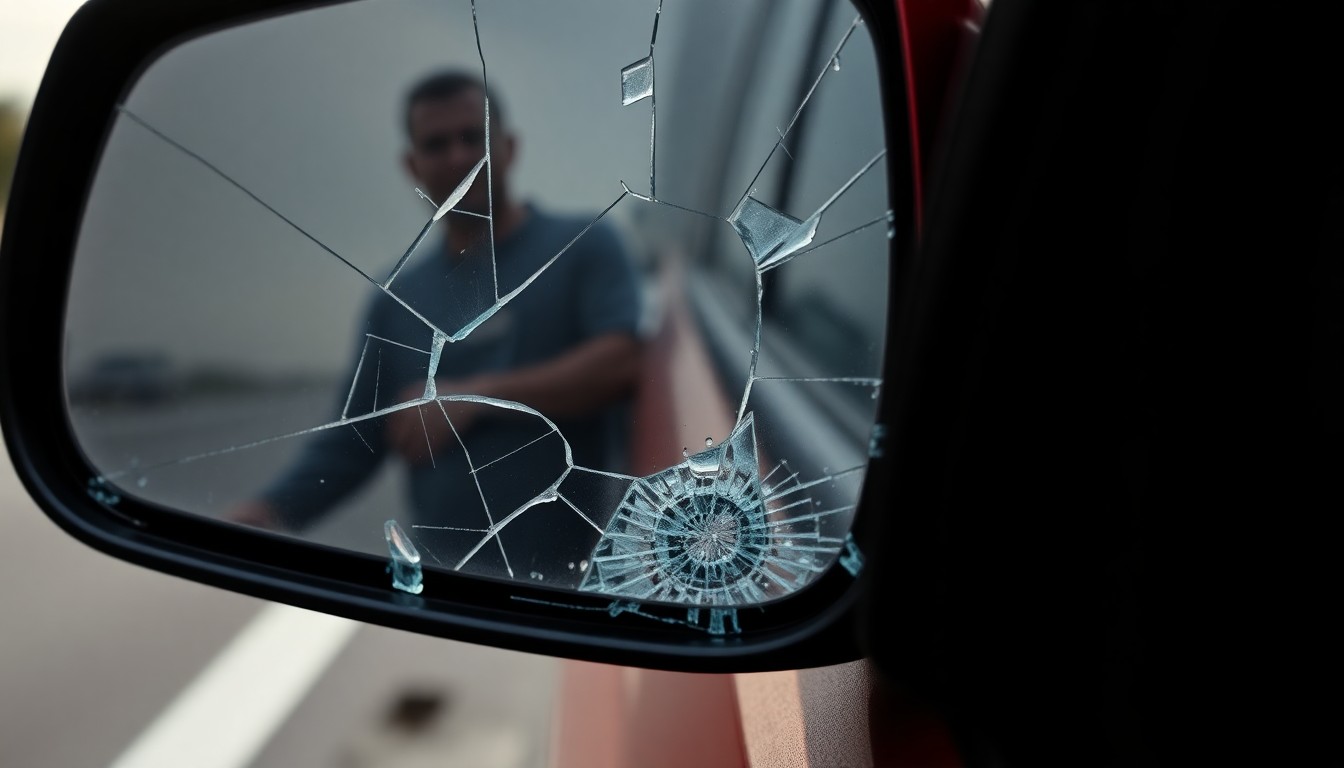 An extreme close-up photograph of a car's damaged side mirror, the glass cracked and distorted, reflecting a blurred, shadowy figure in the background, conceptually representing the violent aftermath of a personal dispute between musicians.