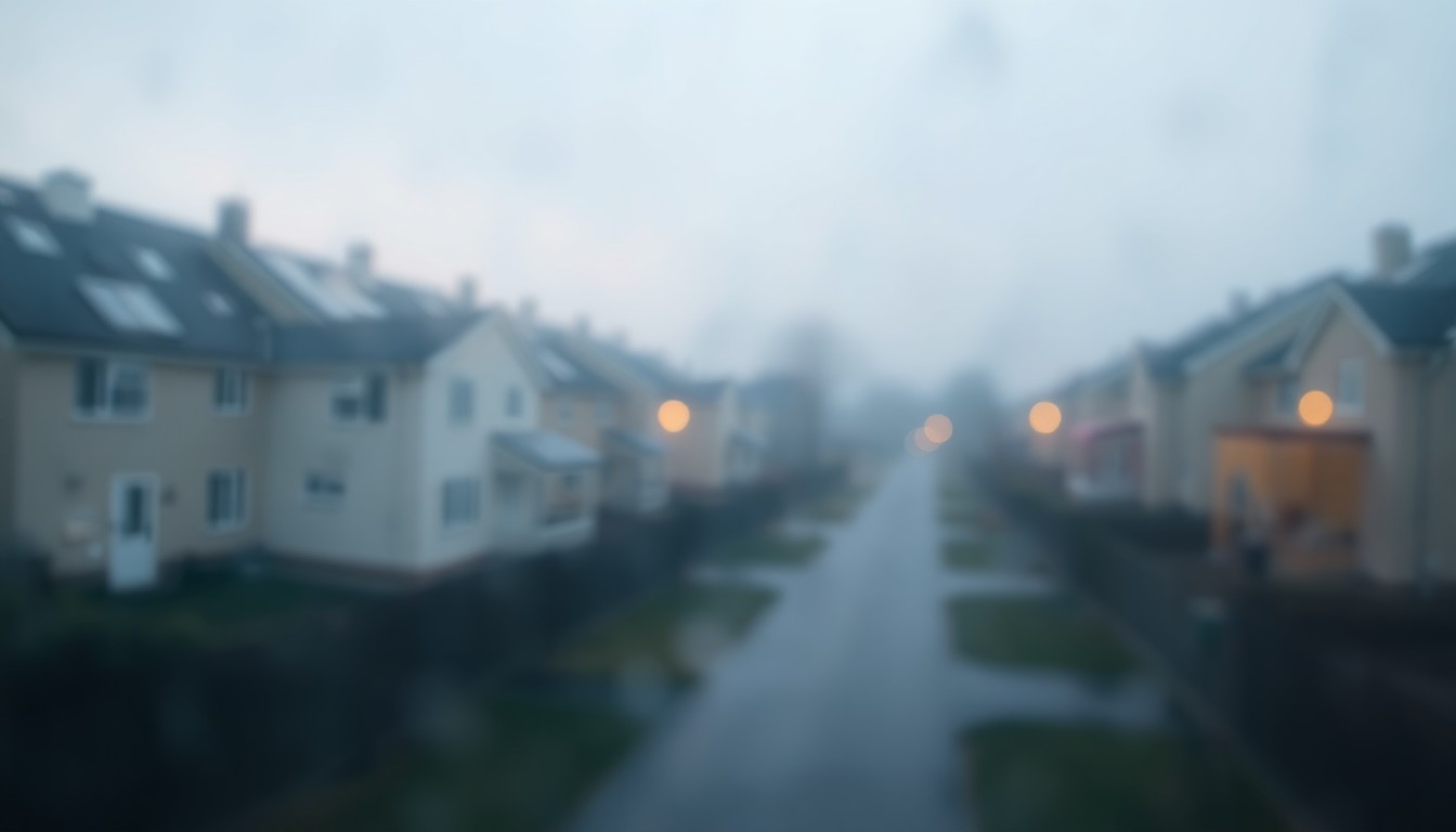 An abstract, out-of-focus scene of a residential neighborhood shrouded in a hazy, dreamlike atmosphere, conveying the melancholy and disruption caused by a boil water advisory.