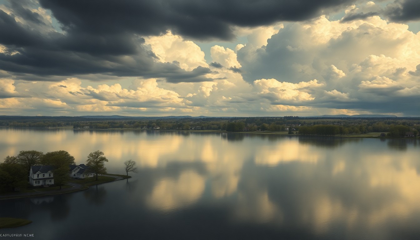 A serene, atmospheric landscape painting depicting a flooded suburban neighborhood, with houses and trees partially submerged in a vast expanse of still, reflective water. The dramatic, moody sky casts deep shadows across the scene, conveying a sense of the overwhelming power of nature.