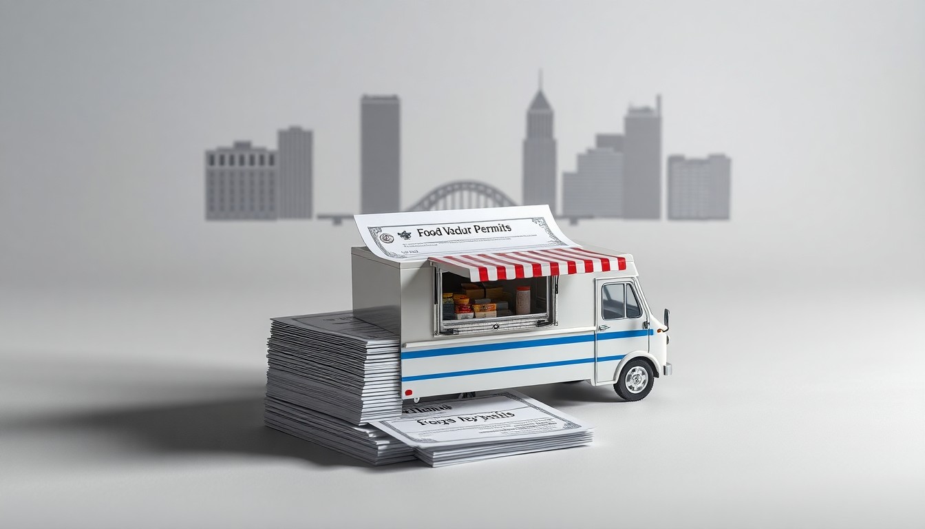 A high-end, photorealistic studio still-life photograph featuring a stack of food vendor permits, a food truck model, and a Pittsburgh skyline backdrop, conceptually illustrating the importance of proper licensing and preparation for major events.