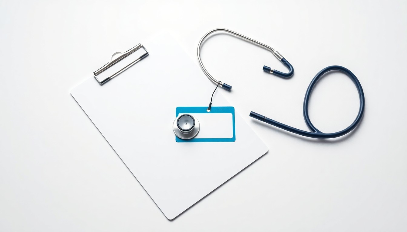 A photorealistic studio still life featuring a stethoscope, clipboard, and name badge arranged elegantly on a clean white background, conceptually representing the abstract themes of healthcare labor relations and worker advocacy.