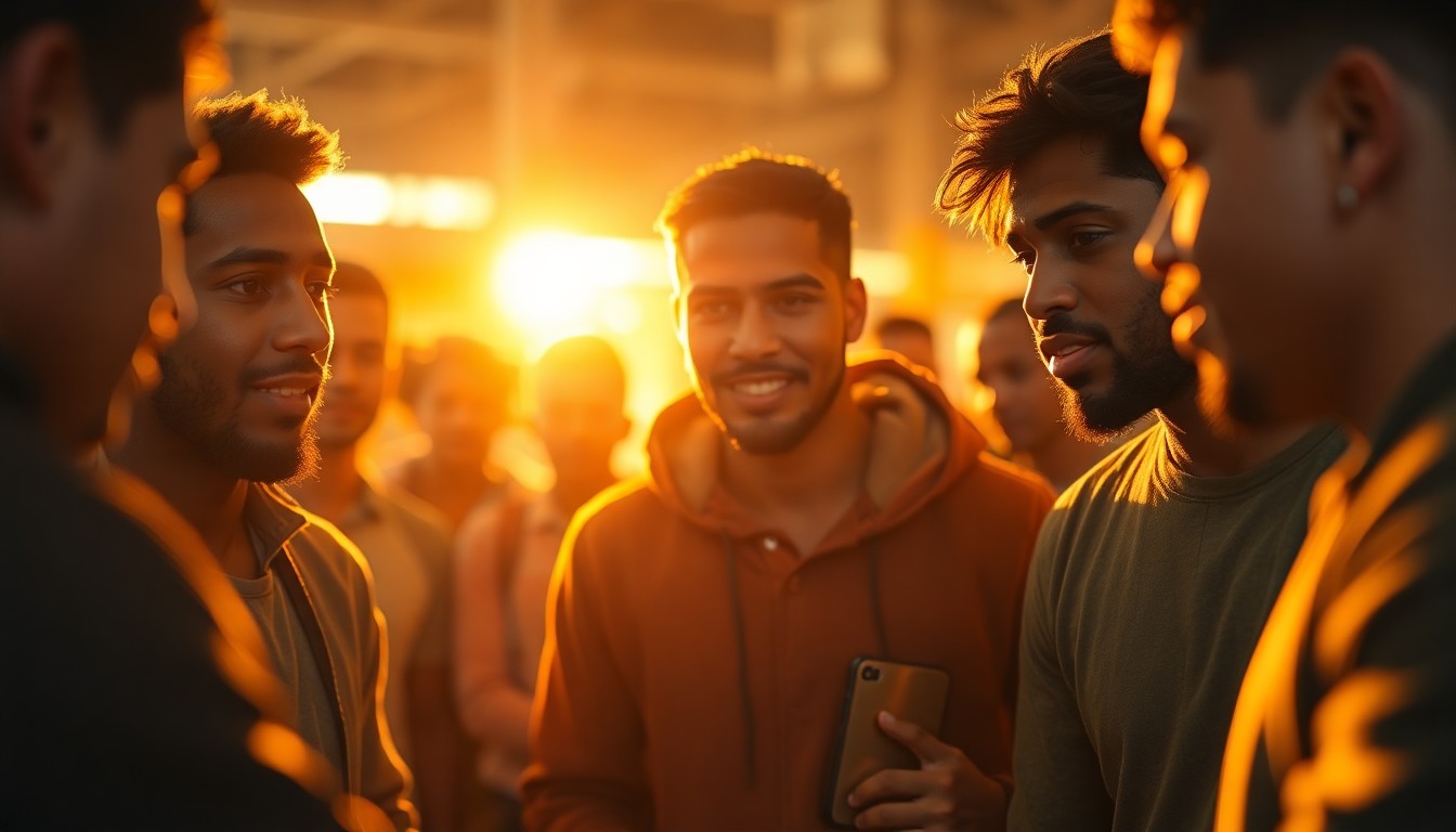An abstracted, out-of-focus photograph depicting a group of young men engaged in a mentorship or community service activity, with warm pools of light and color creating a sense of connection and purpose.
