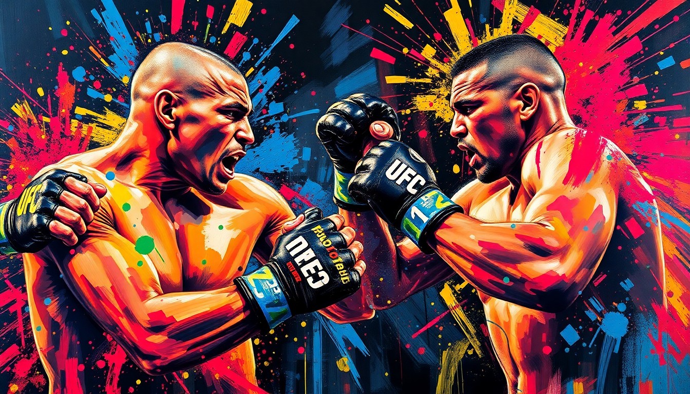 An abstract, expressionist painting featuring bold, neon-colored brushstrokes that capture the raw energy and intensity of two UFC light heavyweight fighters engaged in a fierce battle, their faces and identities obscured by the dynamic, vibrant strokes.