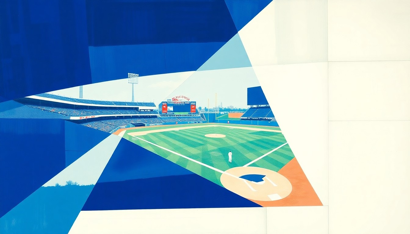 A cubist-style painting depicting a baseball game broken down into overlapping geometric planes of royal blue, powder blue, and white, conveying the fractured nature of a young player's mistake.