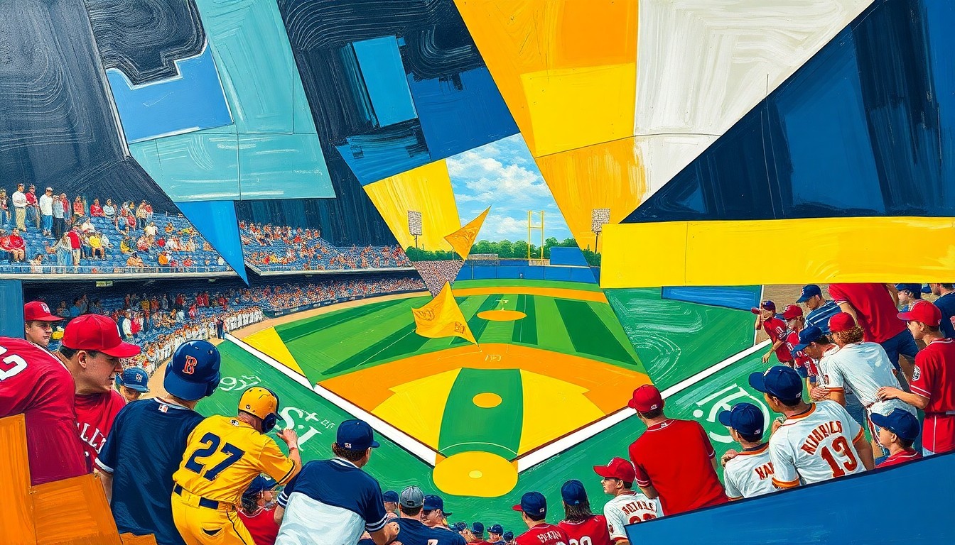 A fractured, geometric painting in vibrant shades of blue, gold, red, and white, depicting overlapping and intersecting shapes that represent the dynamic action of a high school baseball game.