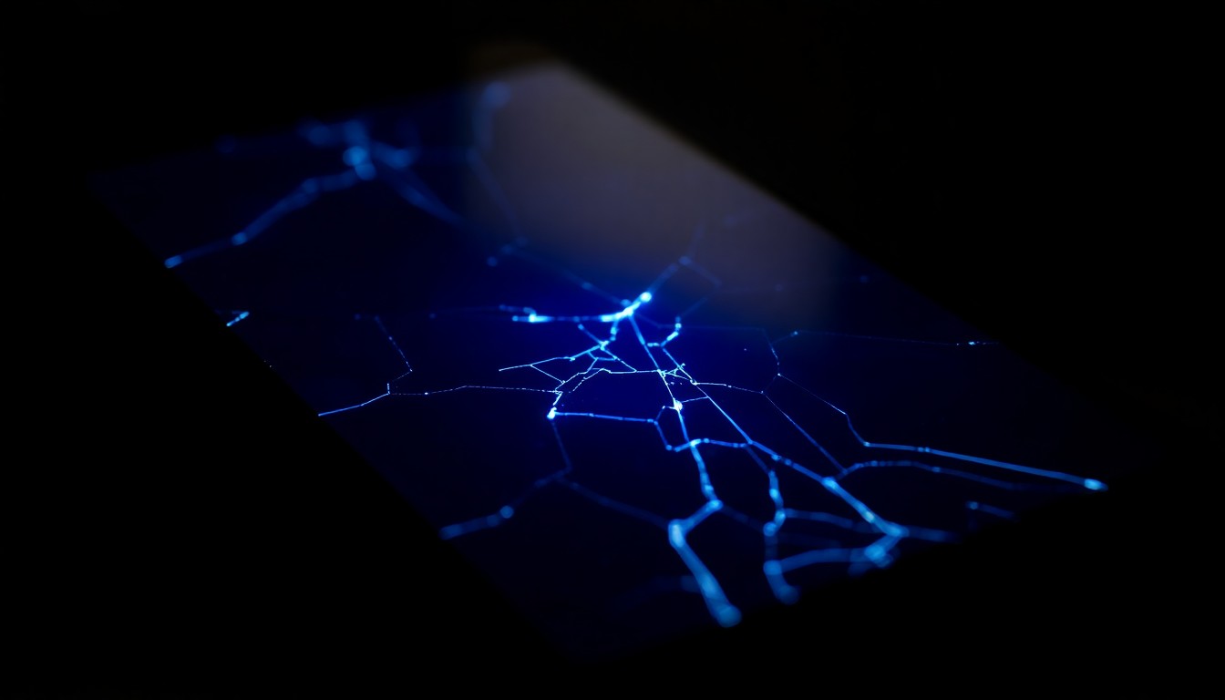An extreme close-up photograph of a cracked mobile phone screen reflecting a faint blue light, conceptually representing the digital evidence of a cybercrime against minors.