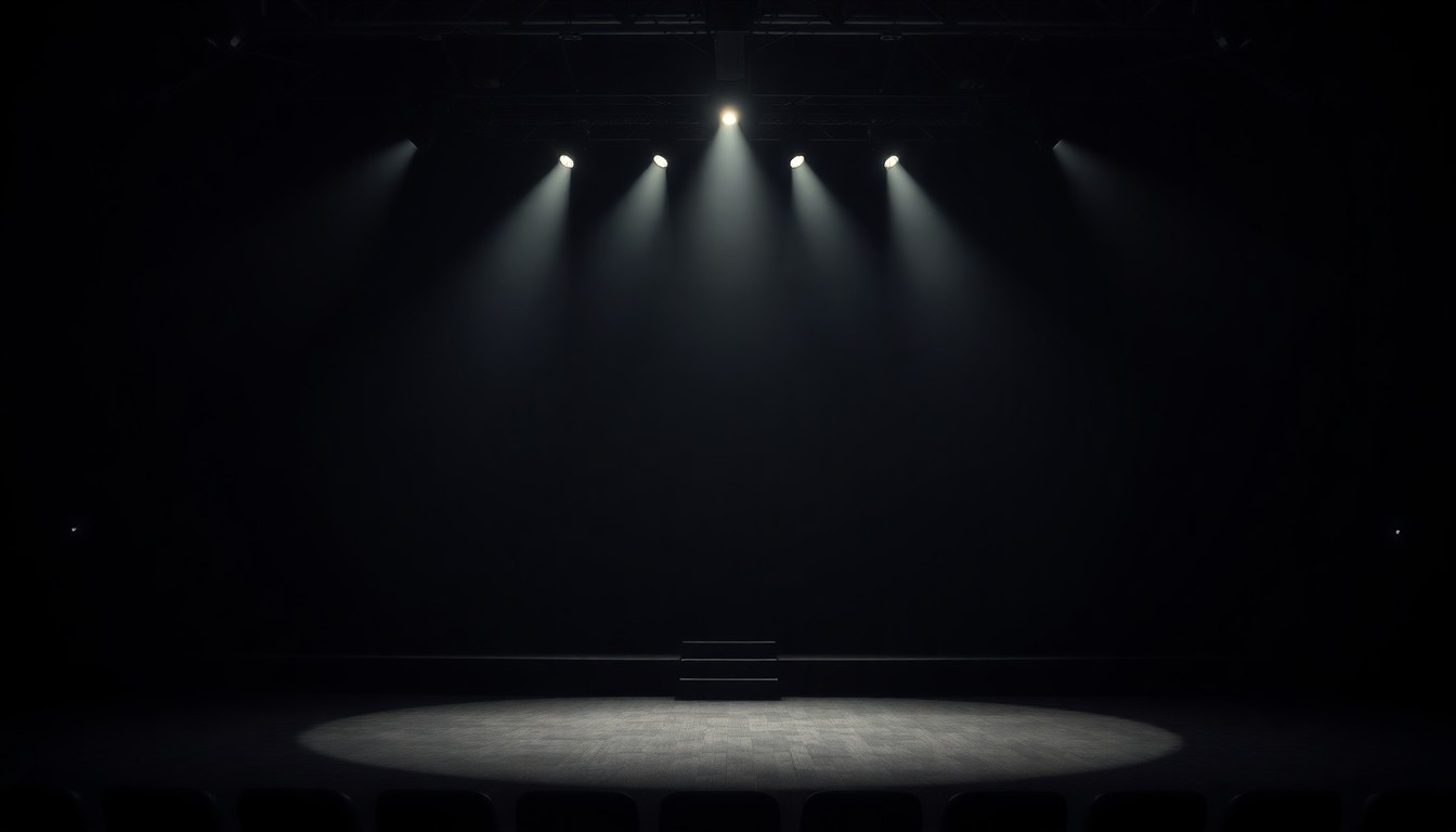 A dimly lit, cinematic painting of an empty concert stage, with a single spotlight casting long shadows and creating a moody, introspective atmosphere, conceptually representing the political tensions between musicians and the former president.