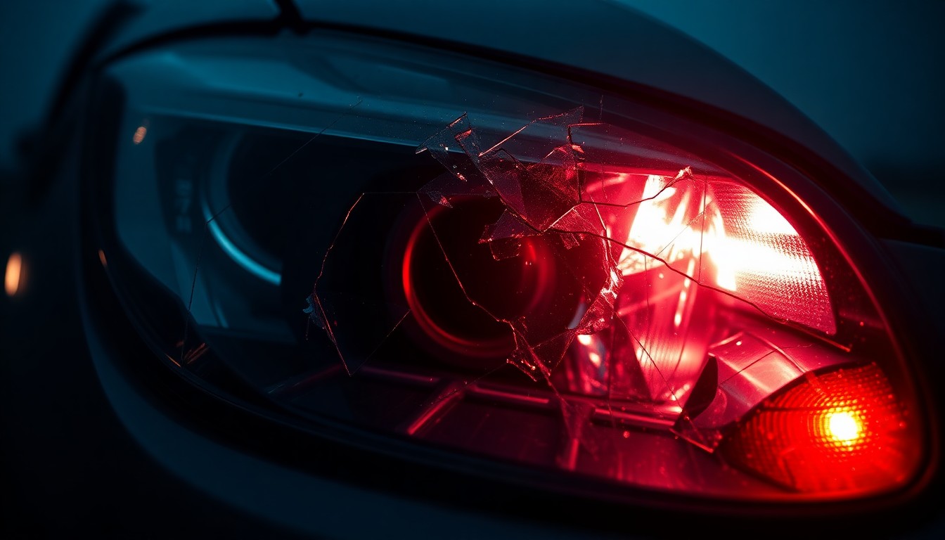 An extreme close-up photograph of a shattered car headlight lens reflecting a faint red light, conveying the gritty aftermath of a high-speed collision on a dark highway.