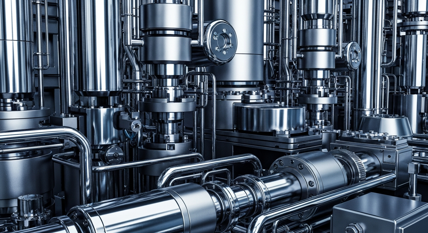 An extreme close-up of highly detailed pharmaceutical manufacturing equipment, including pipes, valves, and control panels, conveying the complex industrial nature of drug production without using any text or identifiable elements.