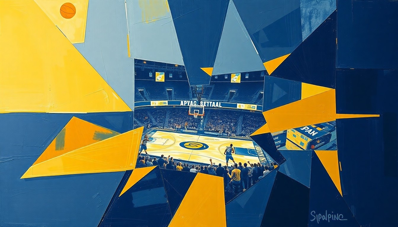 A cubist, geometric painting featuring overlapping planes of navy blue and gold, conceptually representing the data and information contained in an interactive women's basketball scholarship chart.