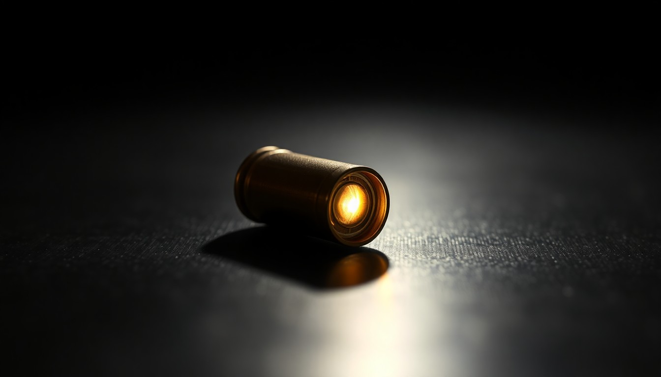 An extreme close-up of a single spent shell casing on a dark surface, lit by a harsh, direct camera flash, conceptually illustrating a recent shooting incident under investigation.