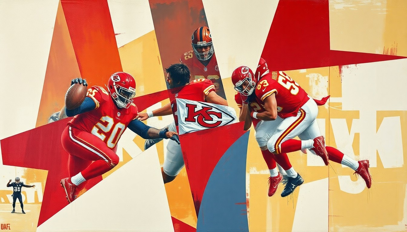 A cubist, geometric illustration depicting a fragmented Kansas City Chiefs defensive play, with sharp planes of red, gold, and blue representing the team's defensive players and the action on the field.