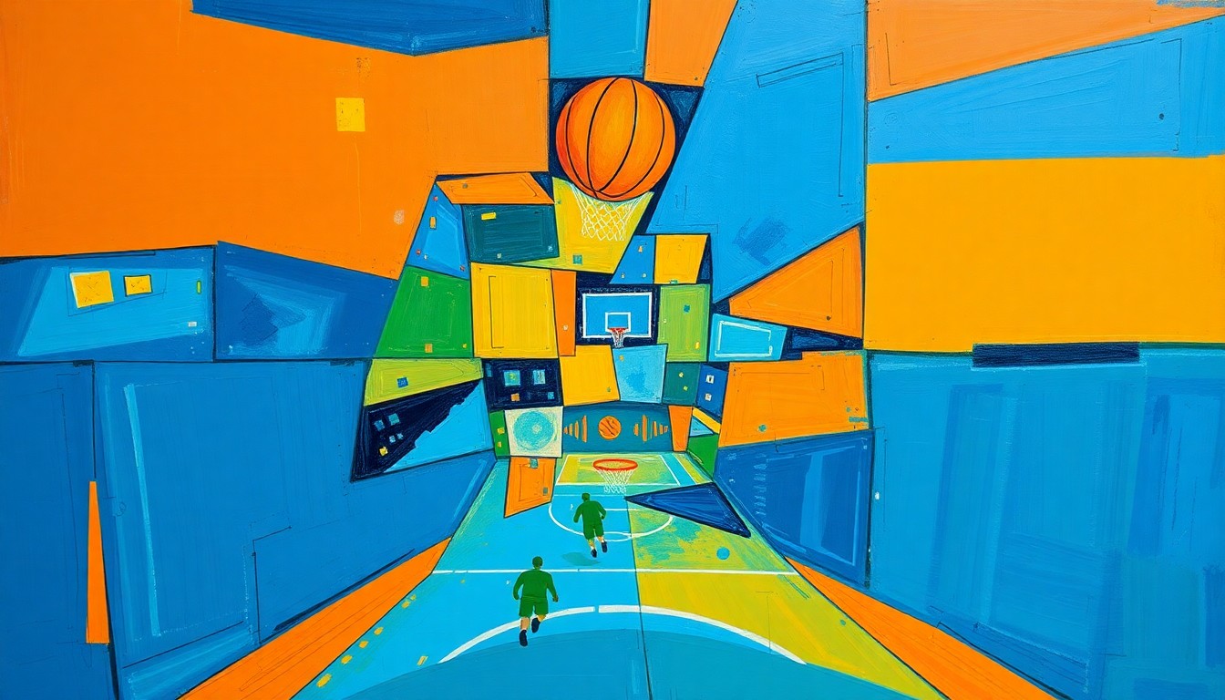 A cubist-style painting depicting a fragmented, geometric basketball court scene with players in motion, using bold colors to capture the dynamic energy of the sport.