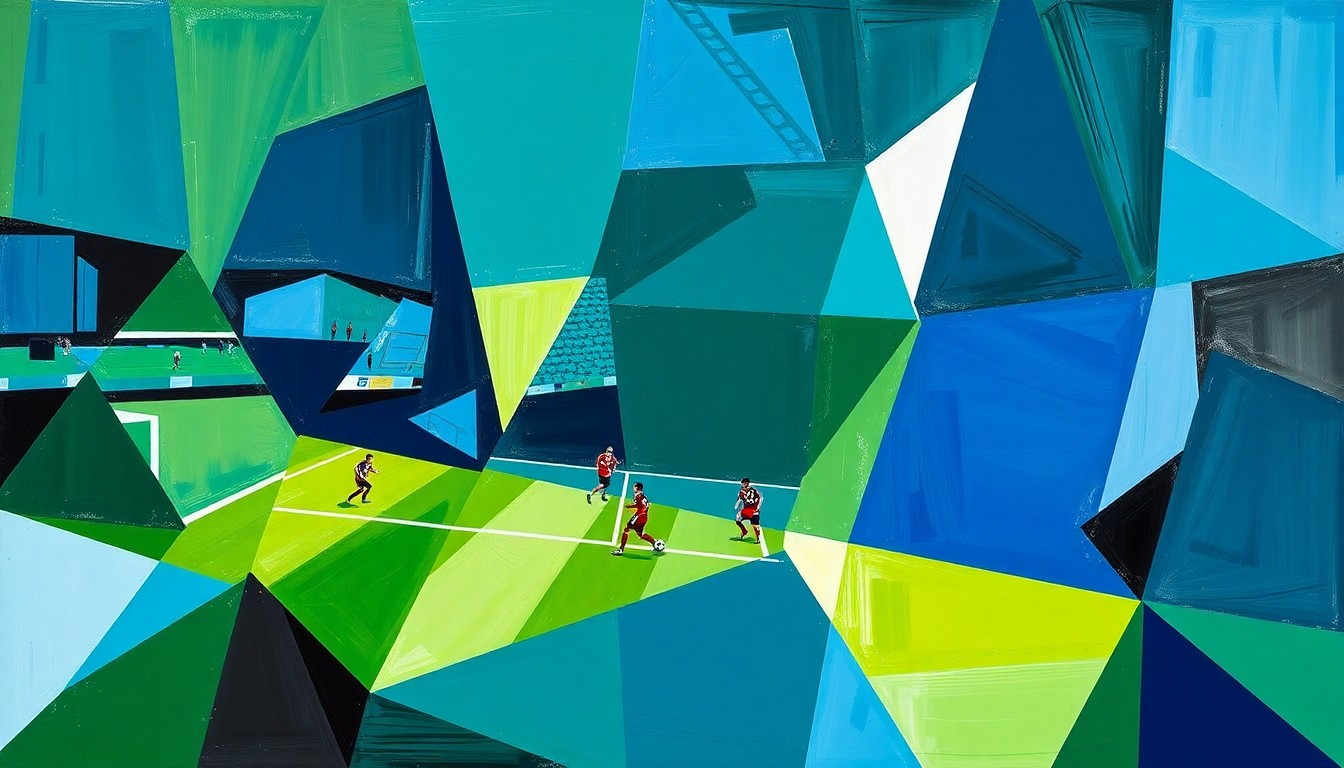 A cubist, geometric painting depicting a soccer match between two teams, with the players and field fragmented into sharp, overlapping planes of color in shades of blue, green, and white.