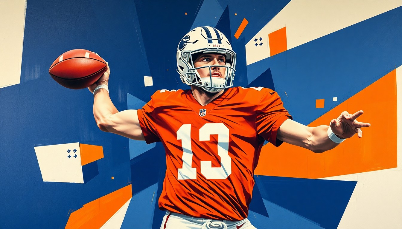 A cubist-style painting depicting a college football quarterback's throwing motion broken down into sharp, overlapping geometric shapes in navy blue, burnt orange, and white, conveying the complex and fragmented nature of the ongoing legal battles over player eligibility.