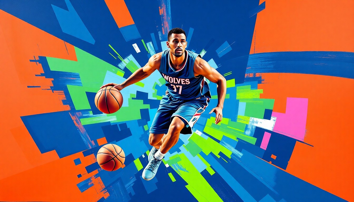 A cubist, geometric painting depicting a basketball player in motion, broken down into sharp, overlapping planes of navy blue, light blue, and neon green, conceptually representing the challenges star players face in meeting the NBA's awards criteria.