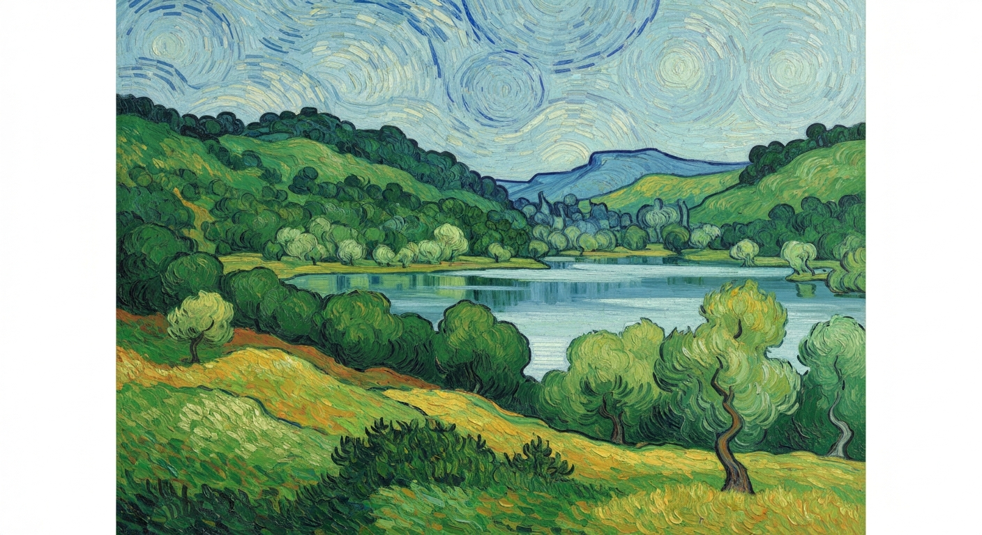 A textured oil painting in the style of Vincent Van Gogh depicting a serene lake surrounded by rolling hills and trees, conceptually representing the natural beauty and tranquility of the renovated Paul B. Johnson State Park.