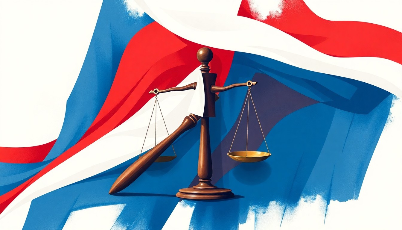 A dynamic, abstract painting featuring overlapping geometric shapes and waves of red, white, and blue, conveying the fractured and confrontational nature of the political dispute.