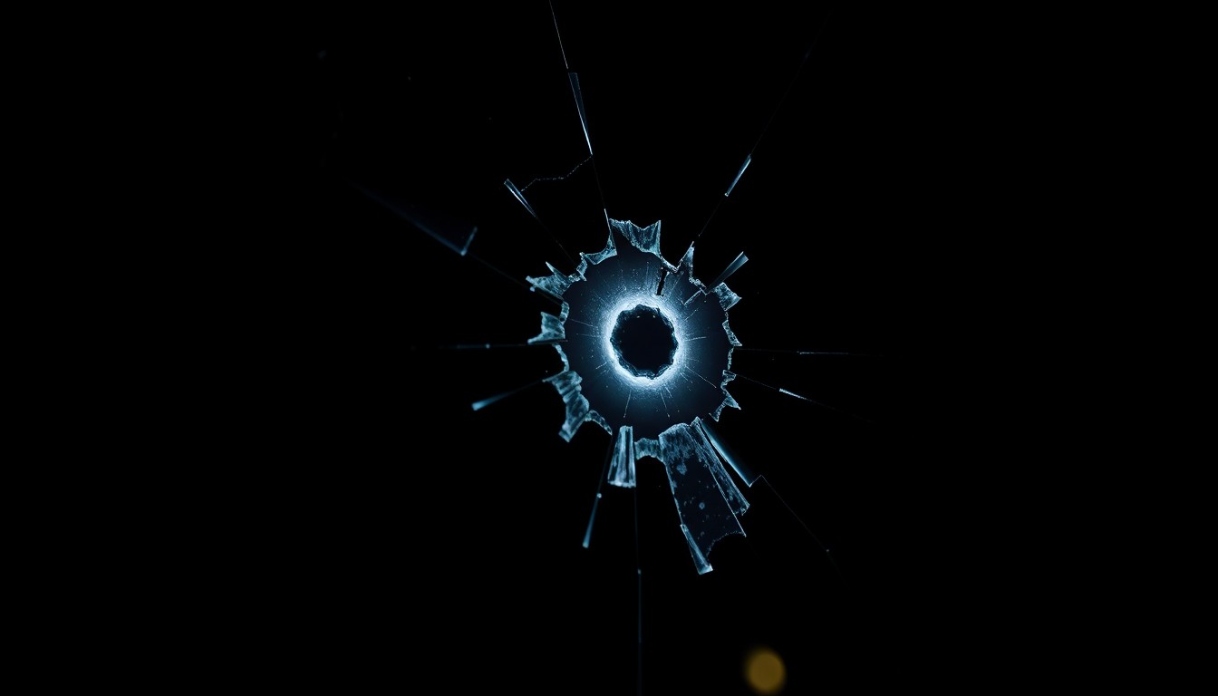 An extreme close-up photograph of a shattered car window reflecting a single bullet hole, conceptually illustrating the damage and fear caused by a targeted shooting at an LGBTQ nightclub.