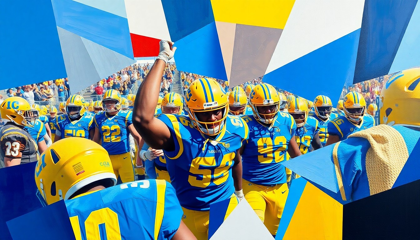 A cubist, geometric illustration depicting a UCLA football practice, with the players and field broken down into sharp, overlapping planes of blue, gold, and white.