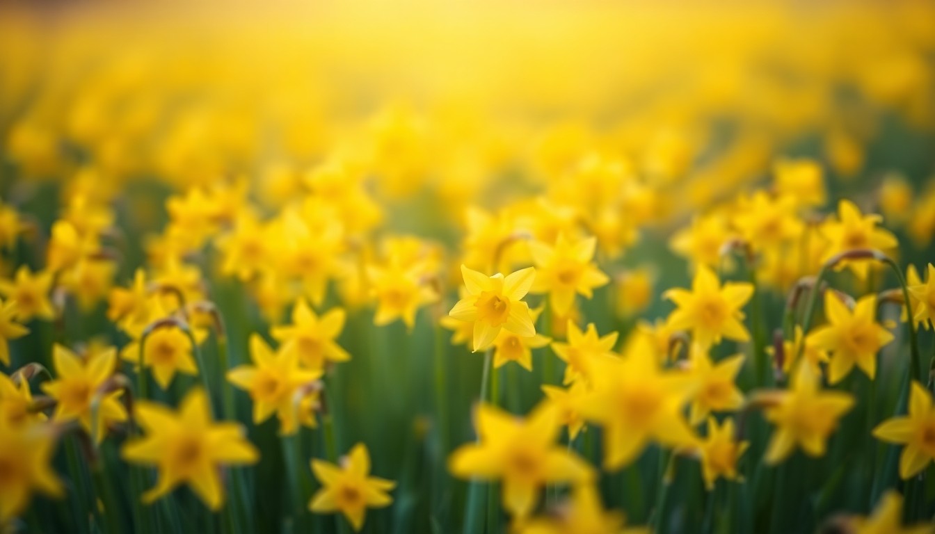 An extremely abstracted, out-of-focus photograph of a field of bright yellow daffodils in bloom, with soft pools of warm light and color creating an impressionistic, dreamlike scene that captures the essence of spring.