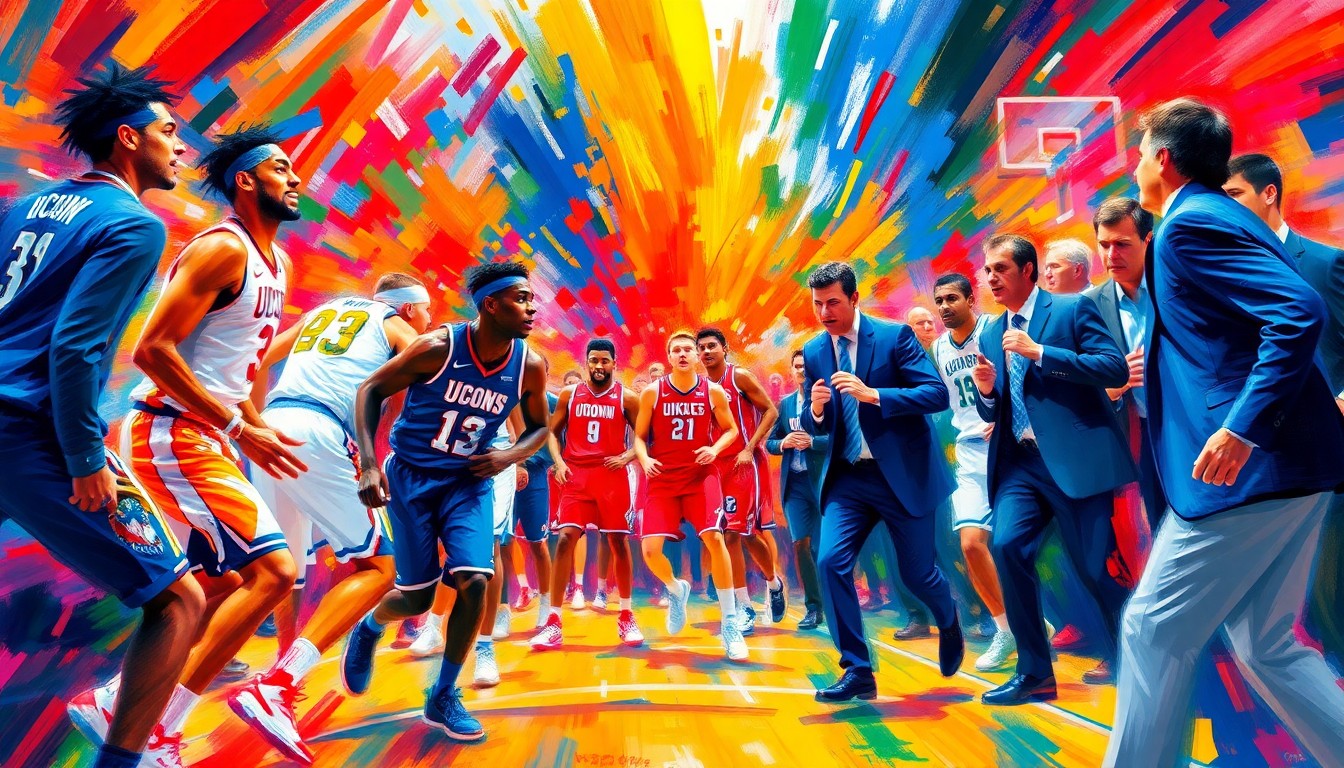 An abstract, expressionist painting in vibrant neon colors depicting the frenetic energy and emotion of the final seconds of a college basketball game, with players and coaches in a colorful blur.