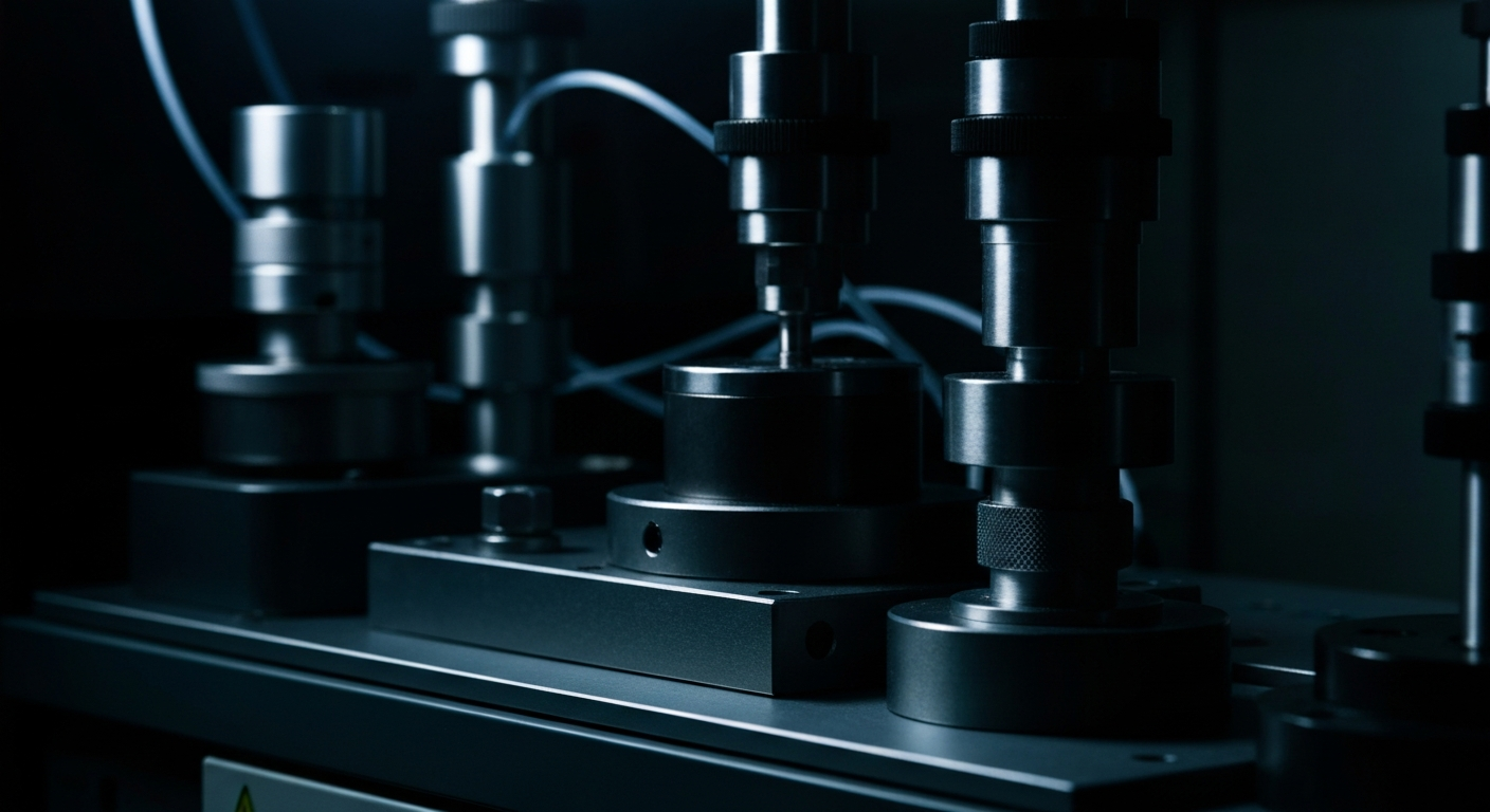 An extreme close-up of highly detailed, industrial laboratory equipment and machinery, with dramatic shadows and highlights that convey a sense of precision, quality, and technological sophistication.