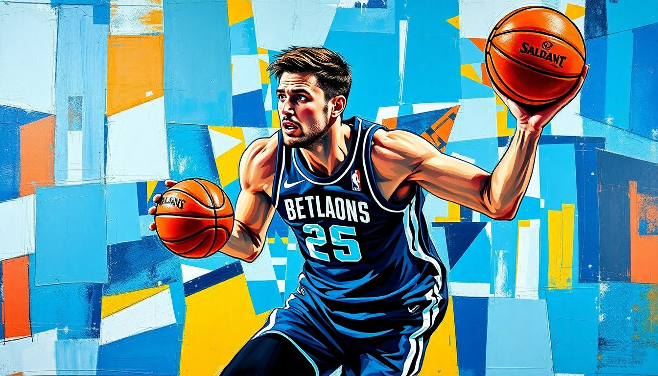 A cubist-style painting depicting Luka Doncic's defensive movements on the basketball court, with sharp, overlapping geometric shapes and planes representing his intensity and hustle on that end of the floor.