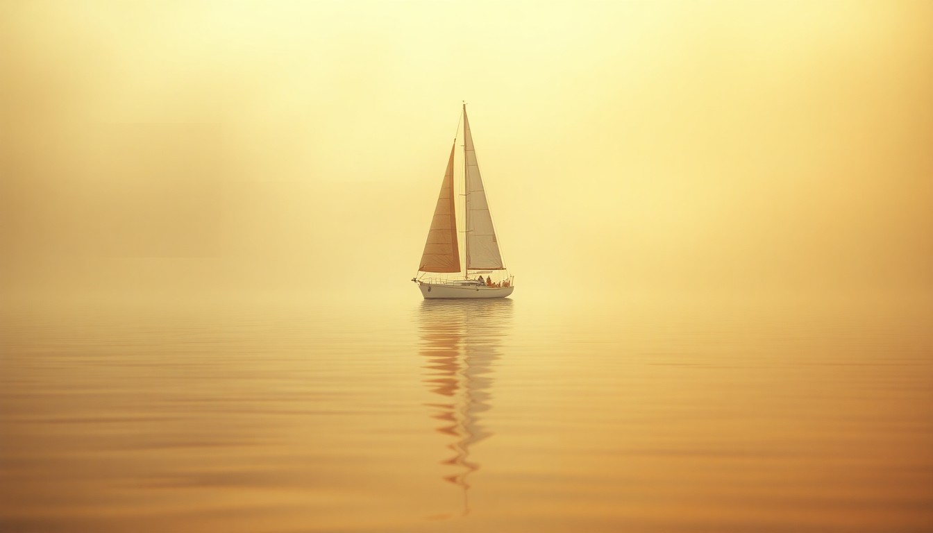 An impressionistic, out-of-focus photograph of a sailboat gliding across a body of water, with the boat's reflection creating a dreamlike, nostalgic scene in warm, golden tones.