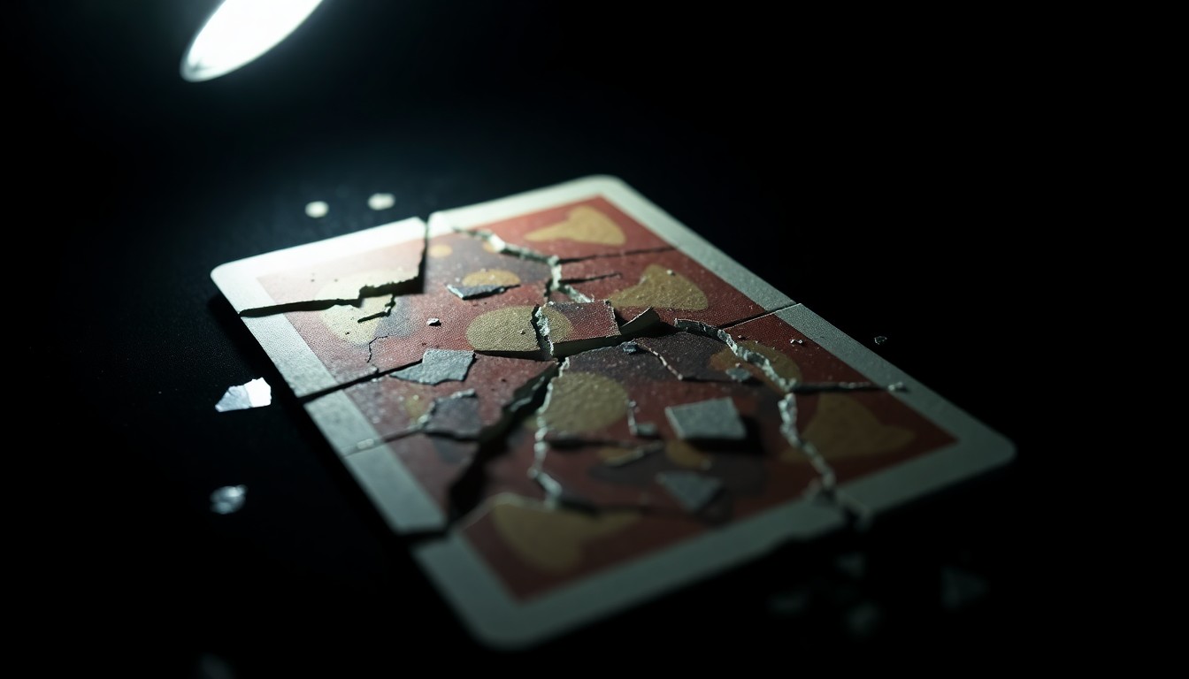 An extreme close-up photograph of a shattered anime trading card, the harsh flash lighting creating a stark, gritty, investigative aesthetic that conceptually illustrates the violence of these robberies.
