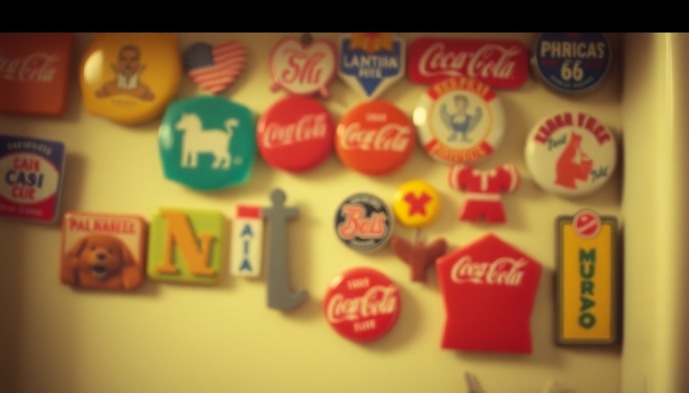 An abstract, out-of-focus photograph in warm, muted tones depicting a collection of vintage refrigerator magnets, conceptually representing the emotional attachment to sentimental items and the challenge of decluttering.