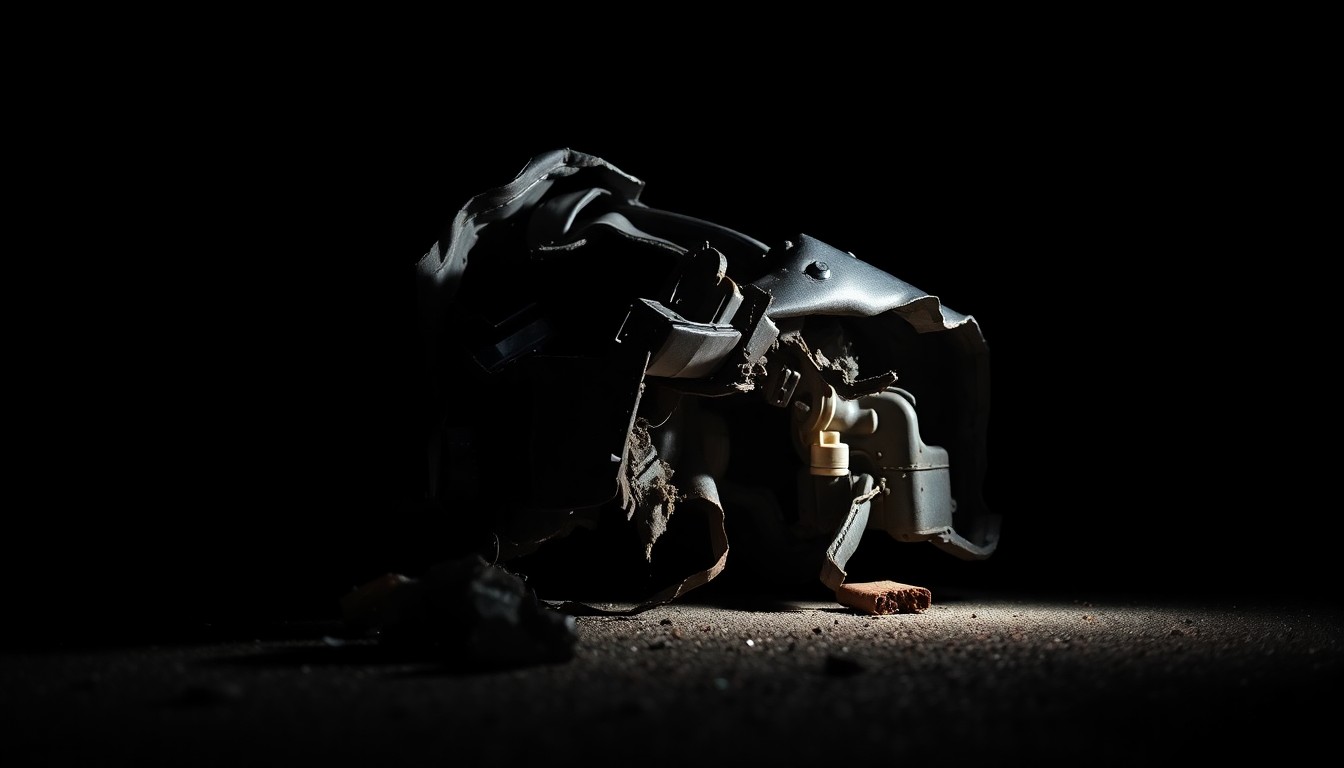 An extreme close-up photograph of a twisted, damaged car part or piece of evidence from the crime scene, capturing the gritty, investigative nature of the incident.