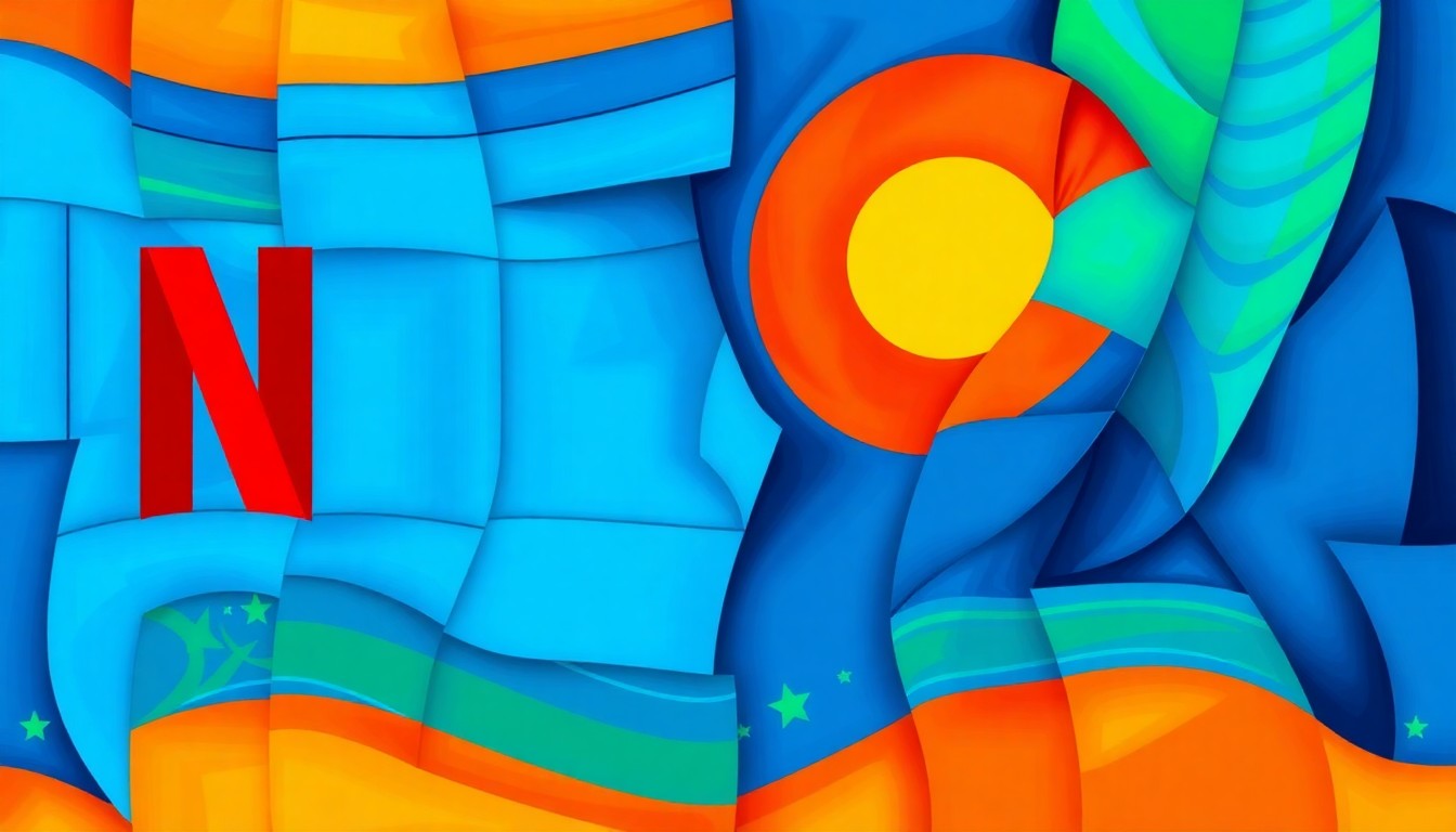 A dynamic, abstract painting featuring fragmented, overlapping shapes and lines in bright, clashing colors that evoke a sense of motion and energy, representing the complex legal and technological issues at the heart of the Netflix tax case.