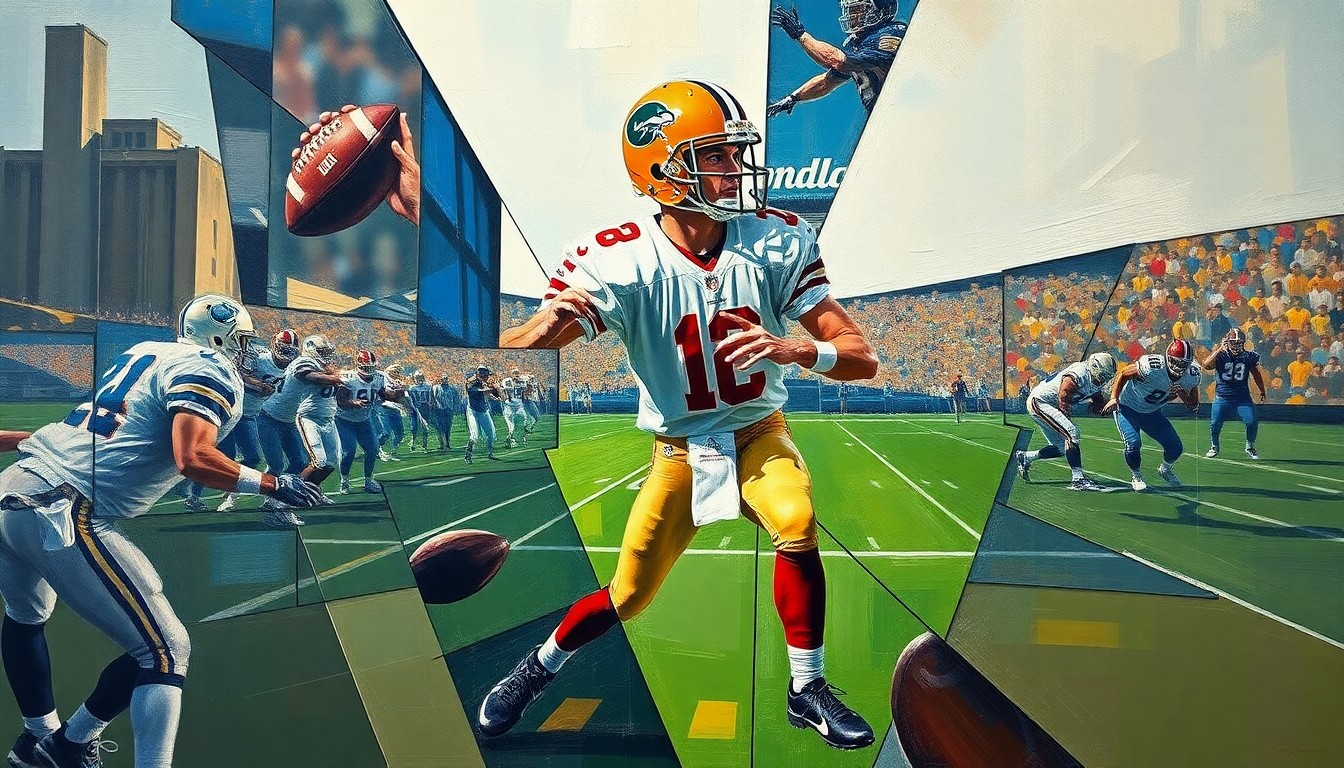 A fragmented, geometric painting depicting a college football quarterback in motion, with sharp, overlapping shapes and planes capturing the raw energy and unpredictability of the game.