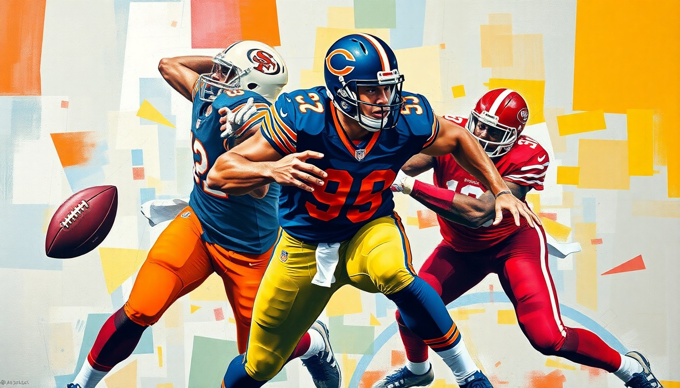 A cubist-style painting depicting a football player in the midst of a pass rush, with the player's form broken down into sharp, overlapping geometric shapes in vibrant colors representing the uniforms of the Chicago Bears and San Francisco 49ers.