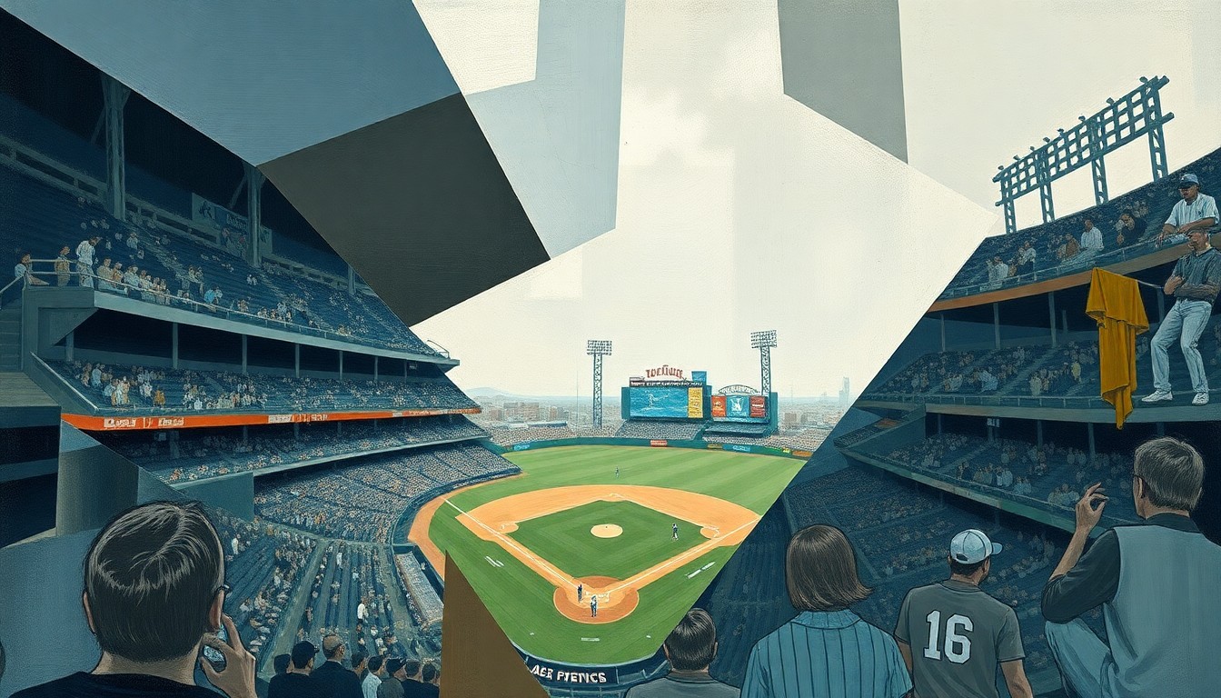 A cubist, geometric painting depicting a fragmented, multi-angled view of a baseball stadium, conceptually representing the financial struggles of the Washington Nationals franchise.