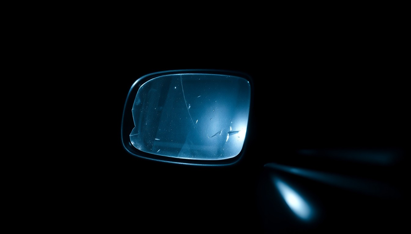 An extreme close-up photograph of a car's damaged side mirror, the harsh flash illuminating the jagged edges and cracked surface, conveying a sense of violence and investigation.