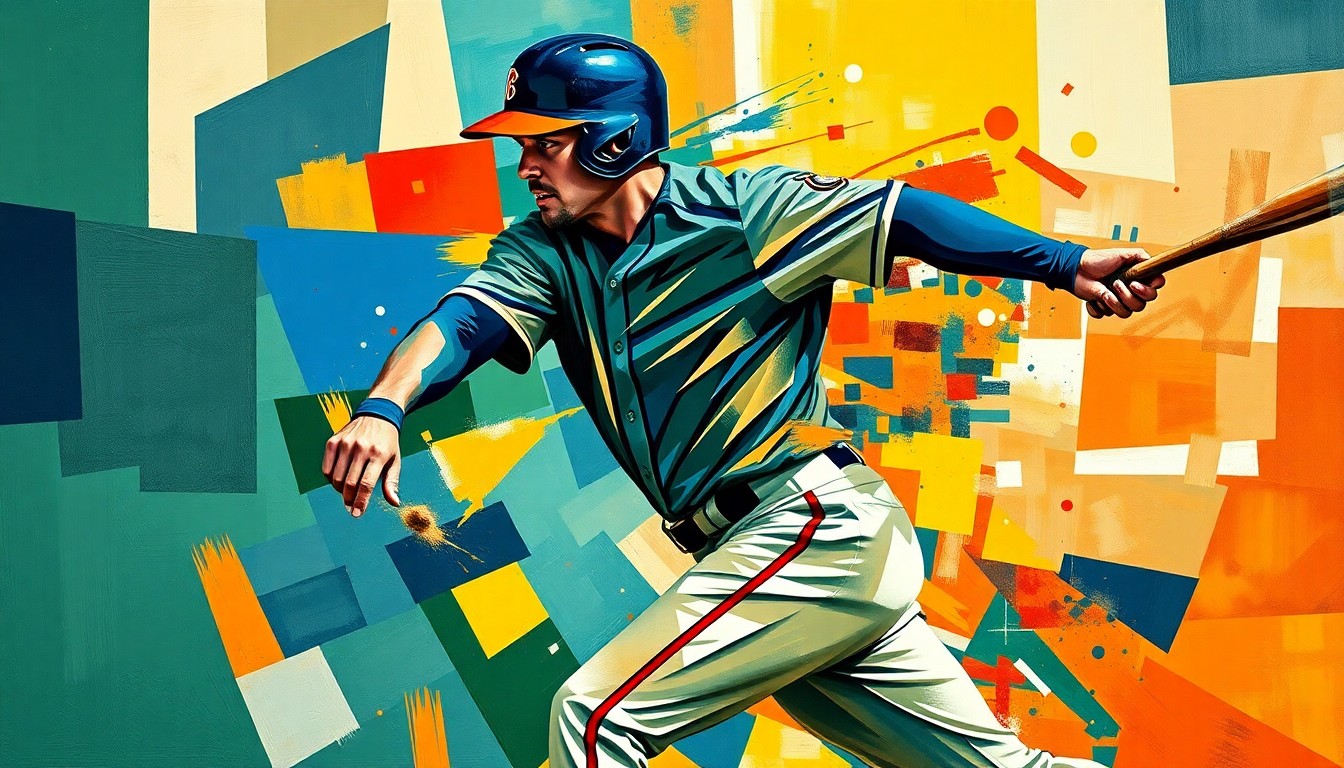 A fractured, multi-perspective painting depicting the dynamic motion and energy of a baseball player, with sharp, overlapping geometric planes in vibrant colors like navy blue, forest green, and burnt orange, conceptually representing the Pittsburgh Pirates' bold investment in a top prospect's upside.