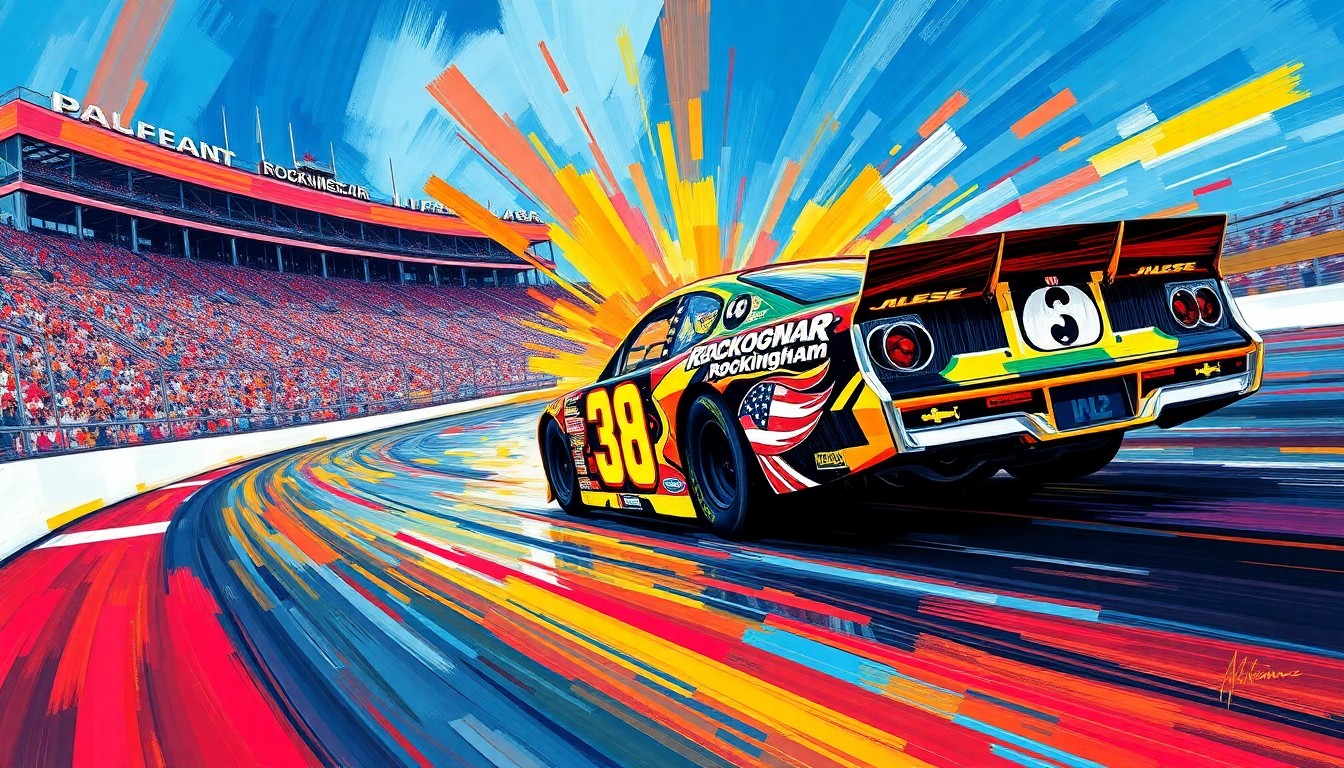 A dynamic, neon-colored painting with rapid brushstrokes depicting a NASCAR stock car racing around the Rockingham oval, conveying the intense speed and energy of the event.