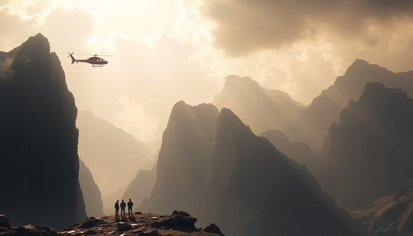 A sweeping, atmospheric landscape painting depicting the rugged, windswept terrain of Lone Mountain, with a small rescue helicopter silhouetted against the dramatic lighting and towering rock formations.
