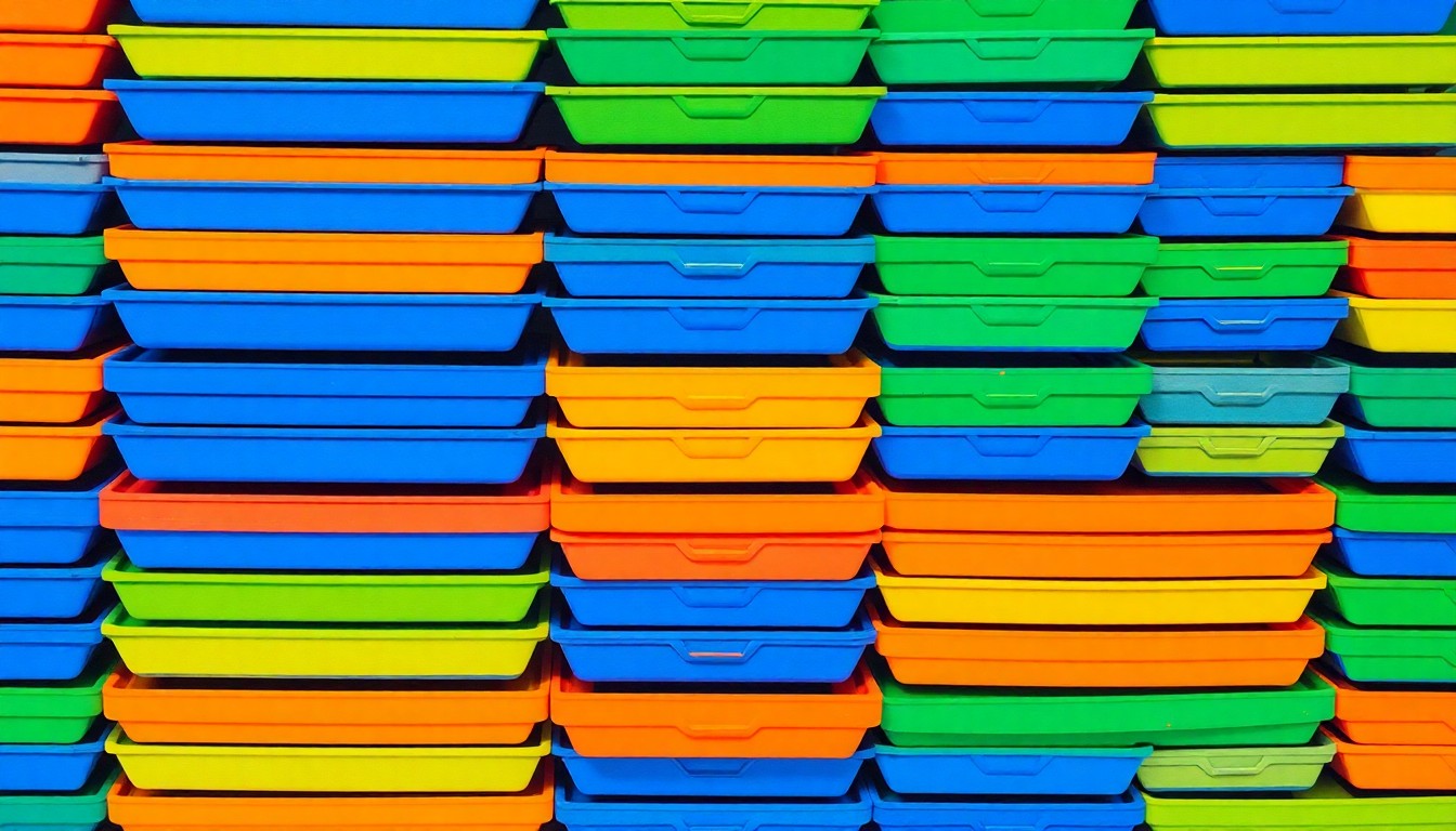 A vibrant, abstract grid of colorful college cafeteria trays, conceptually representing the variety and quality of the dining experience at Bates College.