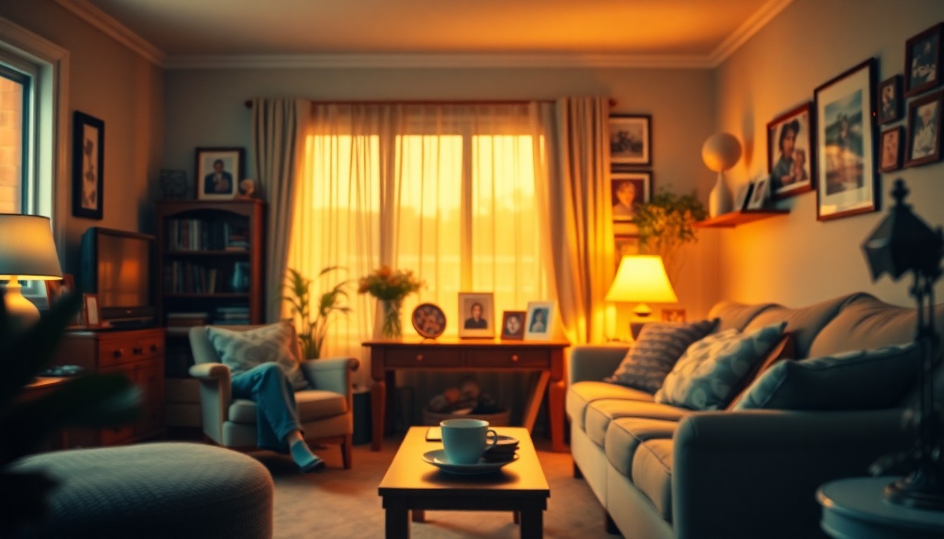 An abstract, blurred photograph of a cozy living room scene with warm lighting, family photos, and personal mementos, conveying a sense of home and nostalgia.