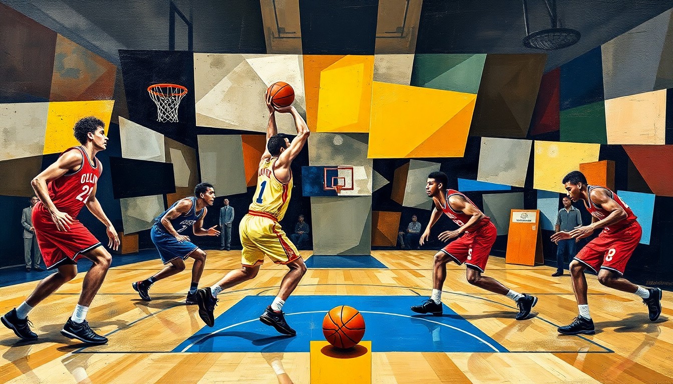 A cubist, geometric painting depicting a fragmented basketball game, with the players' forms broken down into overlapping planes of color and shape, capturing the intensity and uncertainty of the Warriors' playoff chase.