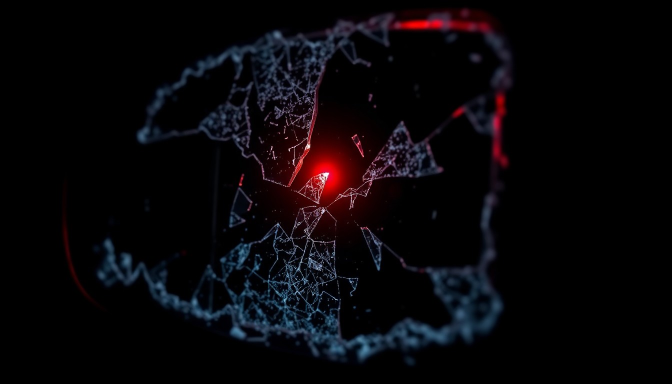 An extreme close-up photograph of a shattered car mirror reflecting a faint red light, conceptually illustrating the aftermath of a city vehicle crashing into a resident's parked trucks.