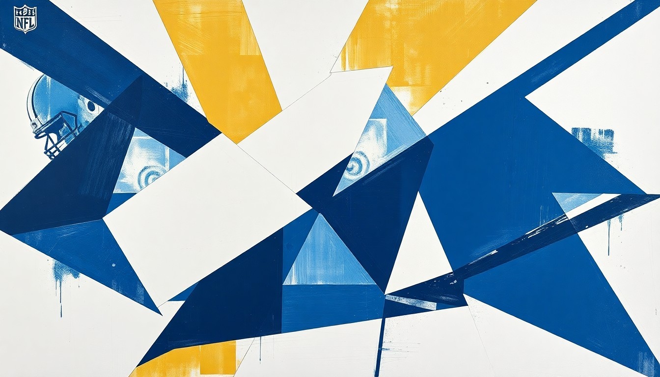 A fragmented, cubist-style painting depicting the action and movement of a football game, with sharp geometric shapes in navy, white, and gold representing the players and field.